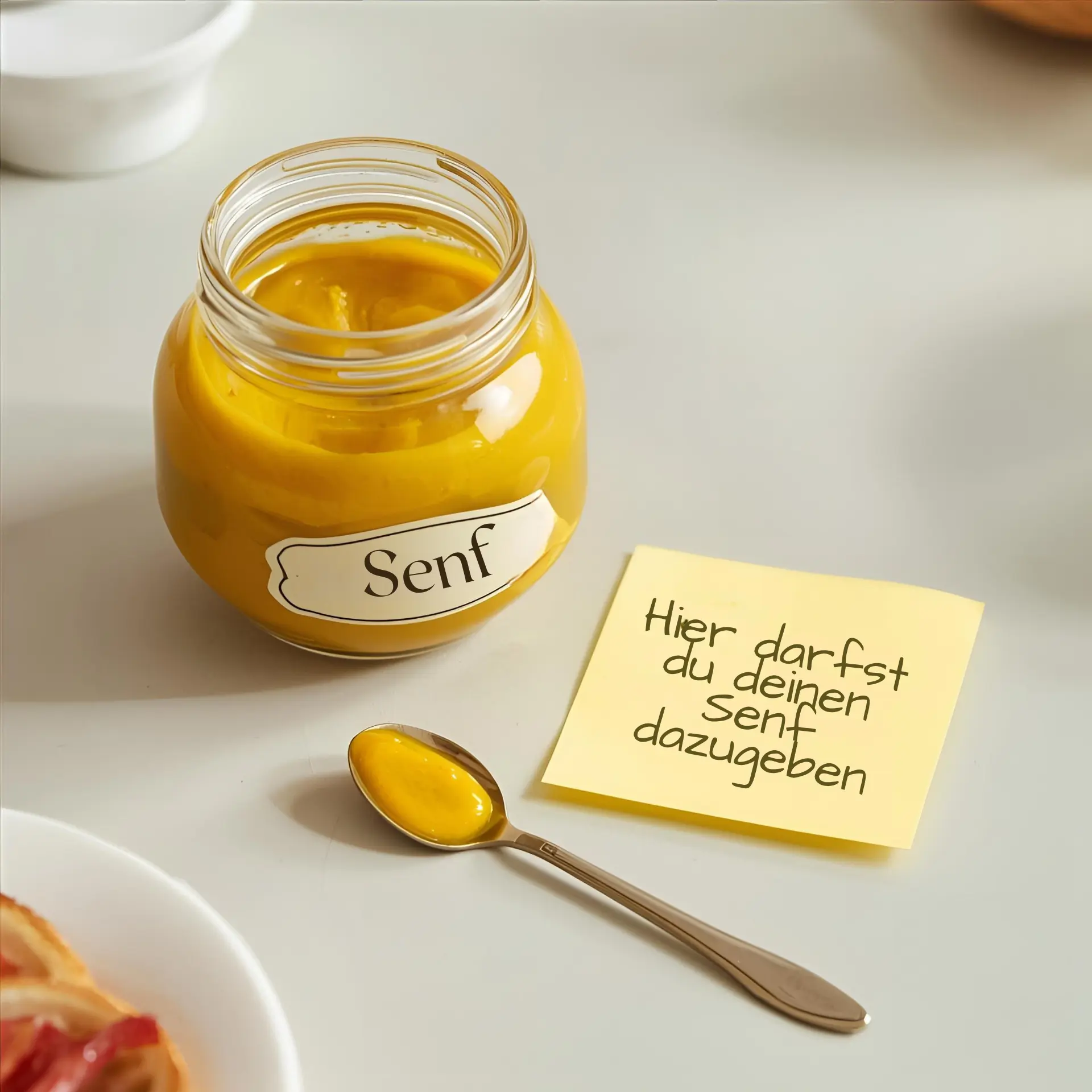 Hier-darfst-du-deinen-Senf-dazugeben Offenes Glas mit gelbem Senf, daneben ein Löffel mit einem Klecks Senf und ein gelbes Post-it mit handschriftlicher Aufschrift „Hier darfst du deinen Senf dazugeben“. Das Glas trägt ein deutlich lesbares Etikett „Senf“. Heller Tisch, ruhige, freundliche Stimmung; Szene vermittelt: alle Meinungen sind willkommen.