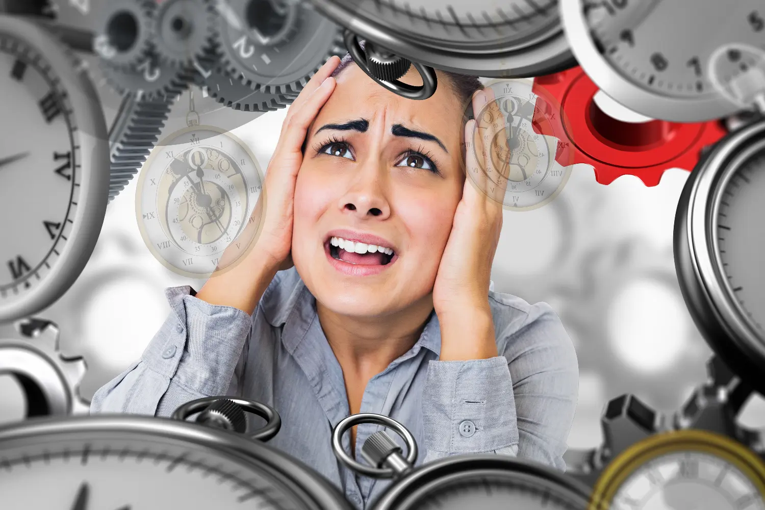 psychische Belastungen am Arbeitsplatz Stress Symptome Eine gestresste Frau mit besorgtem Gesichtsausdruck hält sich den Kopf, umgeben von Zahnrädern und Uhren, die den Druck und die Herausforderungen am Arbeitsplatz symbolisieren. Das Bild verdeutlicht die psychischen Belastungen, die Mitarbeitende in Unternehmen erfahren, und die Notwendigkeit von Maßnahmen zur Förderung der mentalen Gesundheit am Arbeitsplatz und Reduzierung von Stress.