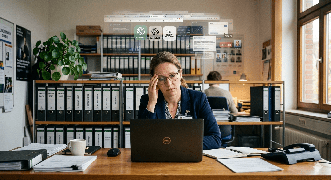 Büroangestellte sitzt gestresst vor Laptop an einem Schreibtisch mit vielen Aktenordnern im Hintergrund, über ihrem Kopf sind digitale Symbole und Fenster mit KI-Tools eingeblendet, die das Phänomen AI Brain Fry symbolisieren.