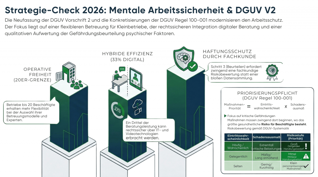 Infografik zum Strategie-Check 2026 über mentale Arbeitssicherheit und DGUV V2. Zeigt drei Säulen: 1. Operative Freiheit für Betriebe bis 20 Beschäftigte, 2. Hybride Effizienz mit 33 Prozent digitaler Beratung per IT und Videotechnologie, 3. Haftungsschutz durch fachkundige Risikobewertung. Rechts eine Priorisierungspflicht für Maßnahmen nach Eintrittswahrscheinlichkeit und Schadensausmaß.